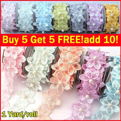 £2.29 • Buy 1 Yard Beaded Embroidered Flower Trim Lace Ribbon Sewing Clothing Wedding Dress