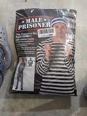 Prisoner Costume Mens L  Shirt Pants Hat Hand Cuffs Ankle Cuffs  • $23.19