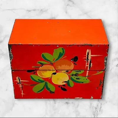 VTG Recipe File Box Orange Peach Tin Metal Loaded W/ Hand Written Recipes • $21.99