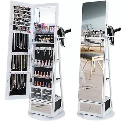 4 IN 1 Swivel Jewelry Cabinet Lockable Jewelry Armoire W/ Full-Length Mirror • £128.95