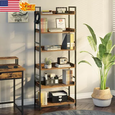 Bookshelf 6 Tier Industrial Bookcase Vintage Display Storage Rack W/ 4 Hooks Hot • $112.19