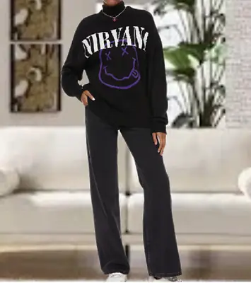 H&M Jacquard Knit Black Smile Oversized Nirvana Sweater Rock Band Sz S RARE LAST • £53.52