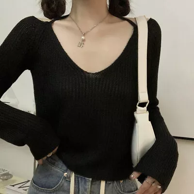Autumn Korean Women Off Shoulders Halter V-neck Long Sleeve Knitted Sweater • $12.73
