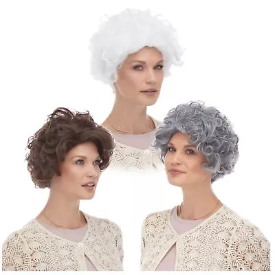 Mom Grandma Old Lady Mrs. Claus Gray White Brown Hair Curly Costume Wig • $19.95