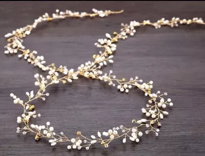 Bridal Bridesmaids Wedding Gold Hair Vine Crystals Pearls Vintage Style Boho 1m • £13.25