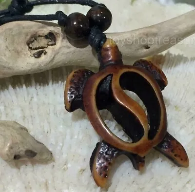 New Unisex Yin Yang Tribal Honu Sea Turtle Faux Bone Surfer Necklace Brown • $12
