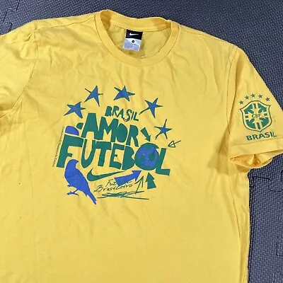 $18 • Buy Vintage Nike T Shirt Large L Adult Y2K Distressed Yellow Brasil Amor Futebol CBF