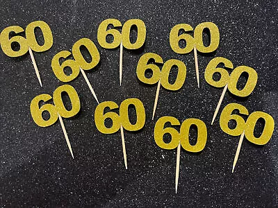 60th Birthday Cupcake Bun Picks Toppers Handmade Gold Glitter X10 • £2.79