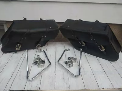 Vintage Oem Genuine Harley Davidson Leather Slant Style Saddlebags +oem Supports • $400