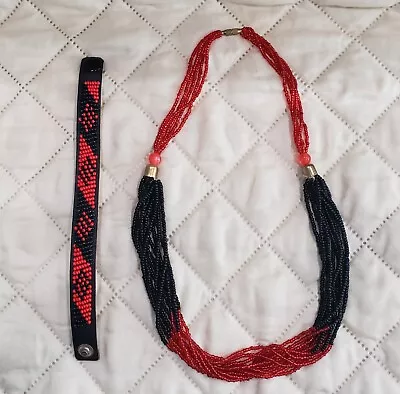 Maasai Handmade Beaded Red - Black Necklace & Bracelet By Timpanko Tribe Kenya • $12.50