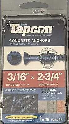 Tapcon Concrete Anchor 3/16  X 2-3/4” Phillips Head Screws 25 Count  24267 NEW • £8.68