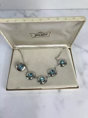 Vintage Van Dell Sterling Silver NECKLACE EARRINGS Blue AQUA Faceted Square Cut • $28