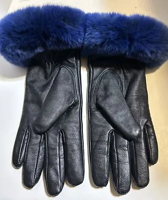 Surell  Black Leather With Black / With Blue Rabbit Fur Cuff Gloves Sz M. (B55) • $100
