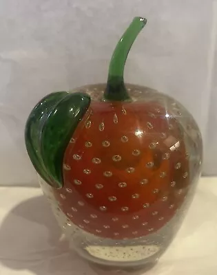 Vintage Murano Bullicante Sommerso Red Apple Glass Paperweight With Green Stem • $25