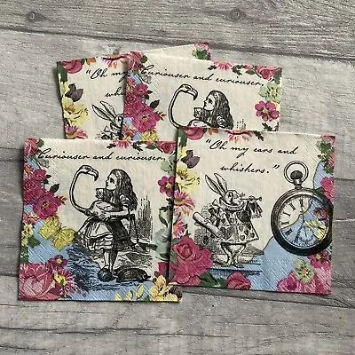 4 Paper Cocktail Napkins For Decoupage Alice In Wonderland Print • £1.50