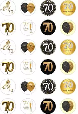 24 X PRECUT 70TH BIRTHDAY GOLD/70 YEAR OLD RICE/WAFER PAPER CUP CAKE TOPPERS • £2.35