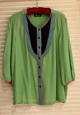 Bob Mackie Wearable Art Silk Color Block Button Front Blouse 2X Green Black Pink • $19.99