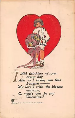 VOLLAND PUB VALENTINE PC #2421 ~ BOY WITH FLOWERS FRAZEE IMAGE ~ Used C 1910-19 • $9.99