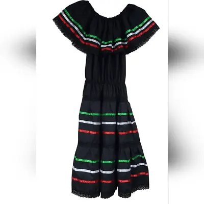 Authentic Handmade Traditional Mexican Dress Black 3 Stripes Mexico Women Size 8 • $40
