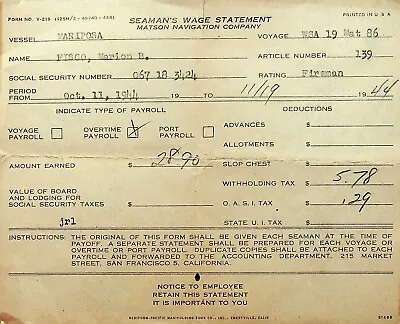 1944 Matson Navigation Company Seaman's Wage Statement - E14-d • $35