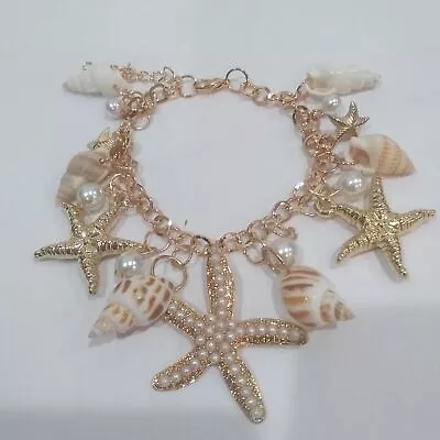 Mermaid Beach Ocean Charm Bracelet Real Shells Faux Pearls Gold Tone • $8.97