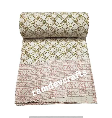 Indian Handmade Hand Block Arts Kantha Quilt Twin Bedspread Throw Cotton Blanket • $41.59