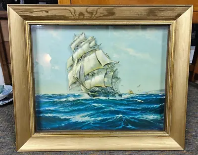 Vintage 3D Clipper Ship At Sea Framed Nautical Art Print Robert Macgregor 1939 • $129.87
