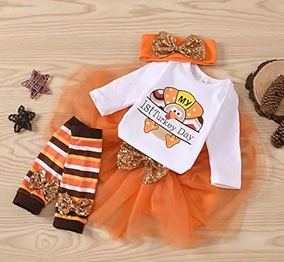 Baby Girls Outfits First Thanksgiving Turkey Jumpsuit Tulle Skirt Set Size 6-12M • $3