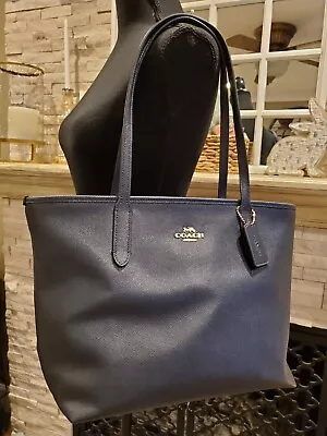 Coach Midnight Crossgrain Saffiano Leather Navy Blue ZipTop Tote  Handbag F83857 • $65