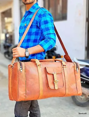 Men Weekend Overnight Duffle Brown New Leather Travel Luggage Duffel • $64.60