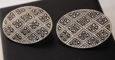 Vintage Sterling Silver 925 Marcasite Art Deco Style Oval Earrings Clip-on 16.7g • $22.99