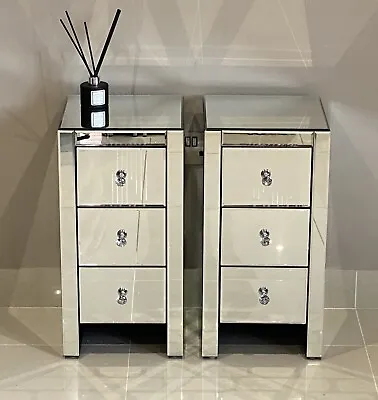 Pair Of Mirrored Glass Slim 3 Drawer Bedside Table - Venetian Mirrored • £209.90