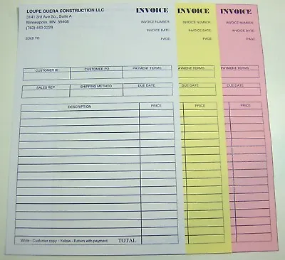 Printed 3-part Carbonless Forms 100 Sets Custom 8.5  X 5.5  Business Invoice NCR • $129.80