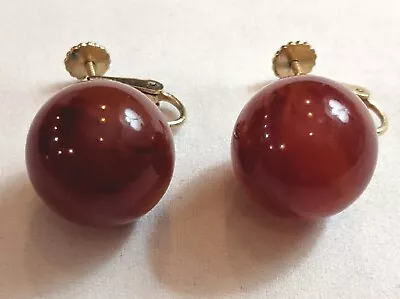 Vintage Burgundy Carnelian Glass Clip On Screw Back Earrings Gold Toned Jewelry  • $14.99