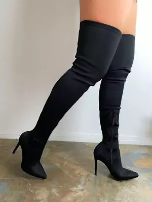 Women's Thigh High Stretchy Material Pointy Toe Heel Boots Gisele-7 Liliana • $34.99
