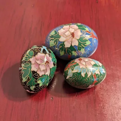 3 Vintage Cloisonné Enamel Eggs Blue Green Black W/ Pink Flowers Gold Inlay EUC  • $24.44