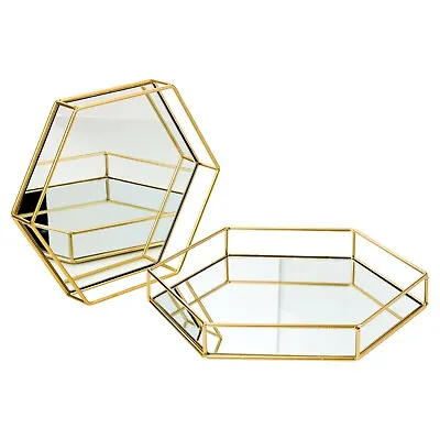 Hexagon Mirror Plate Jewellery Platter Metal Gold Frame Display Cosmetic Tray • £12.99
