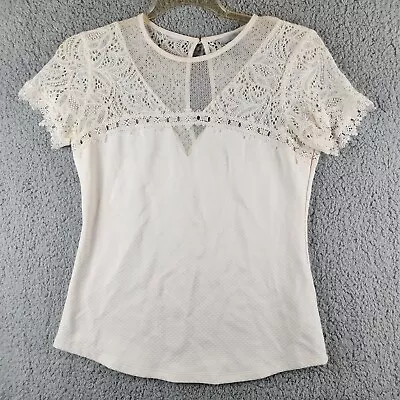 H&M Shirt Womens Medium White Keyhole Back Short Sleeve Floral Lace Blouse • $8.50