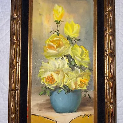 VINTAGE Roses Floral Flower Original Oil PAINTING  Hand Painted Yellow Signed • $74