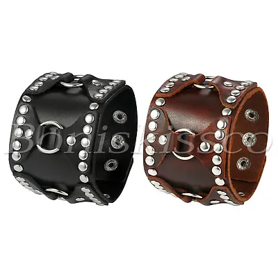 Punk Rocker Rivet Heavy Wide Leather Wrap Cuff Bangle Bracelet Men's Wristband • $8.99