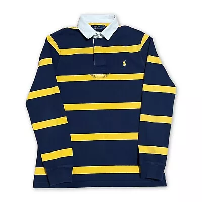 Mens Ralph Lauren Rugby Shirt Medium Custom Slim Fit Navy Striped Cotton • £44.99