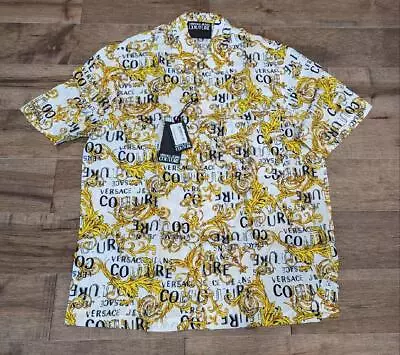 $310 Mens Versace Jeans Couture Printed Button Up Shirt White/Gold 52 US XL • $219.99