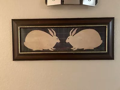 Warren Kimble Primitive Two Bunnies American Folk Art Matted & Framed W Glass • $24.95