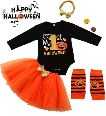 Newborn Baby Girl Kids 1st Halloween Pumpkin Tulle Tutu Dress Costume Outfit Set • £5.82