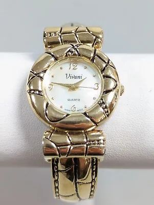 Vivani Pearlized Dial Round Gold Tone Case Open Cuff Hinge Band Watch 6 Inch • $17.49