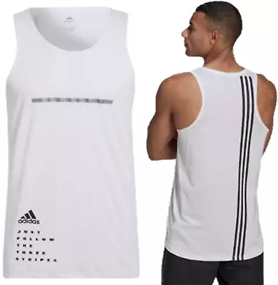 Adidas Tank Top 3 Stripe Mens Sleeveless White T-Shirt Gym Tank Top Running Tee • £17.99