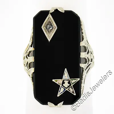 Antique Art Deco 14K Gold Black Onyx & Diamond Masonic Star Long Dinner Ring • $399.20