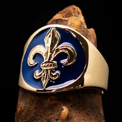 Round Mens Brass Costume Lily Ring French Fleur De Lis Symbol Blue Size 10.5 • $24