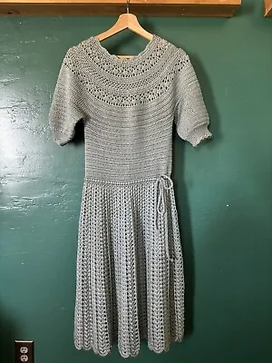 Vintage 1930’s  Style Hand Knit Dusty Blue Crochet Dress • $109