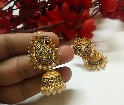 Indian Pearls Earrings Pierced Party Wear CZ Jhumki Gold Plated Wedding Jewelry • $20.90